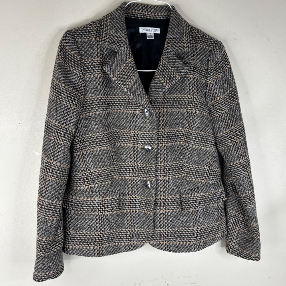 Pendleton Blazer Jacket Womens 8 Brown Wool Herringbone Tweed Single Button Coat